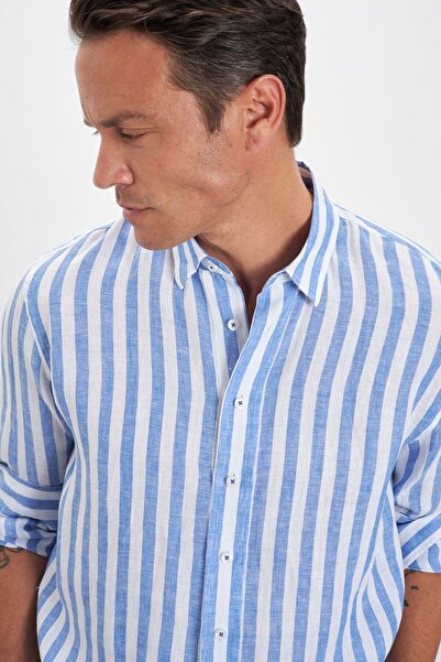 Paşahan Relax Fit Striped Bottom Collar 100% Linen Men's Shirt