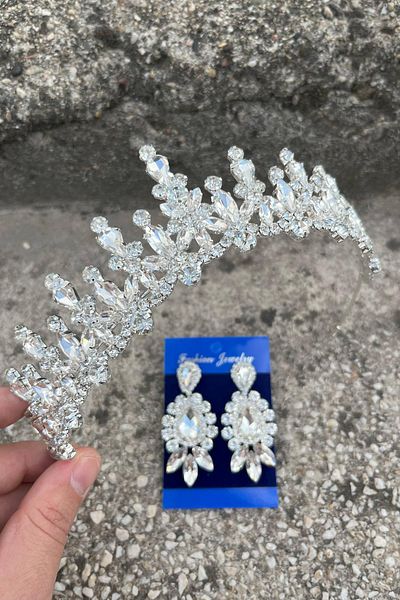 Hobigram Elvira Silver Bridal Henna Crown Special Day Accessory Women's Crown and Three Shuttle Earrings Set