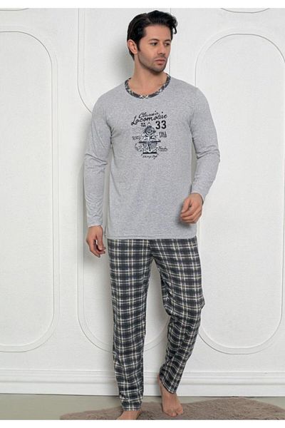 TOSKI Men's Pajama Gray with Locomotive Design - Long Sleeves and Long Pants