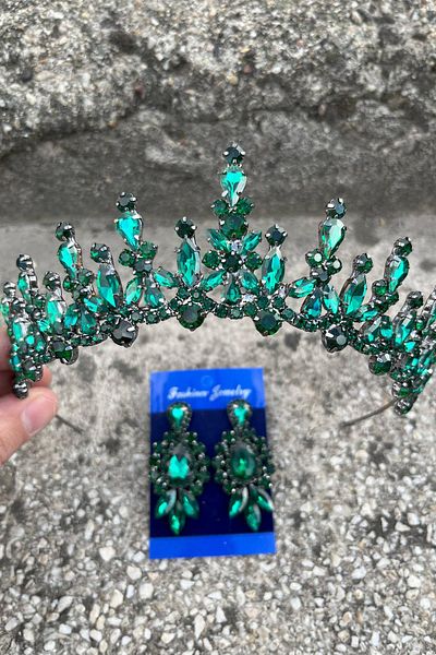 Hobigram Elvira Green Bridal Henna Crown Special Occasion Accessory Women's Crown and Three Shuttle Earrings Set
