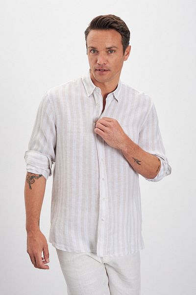 Paşahan Relax Fit Striped Bottom Collar 100% Linen Men's Shirt