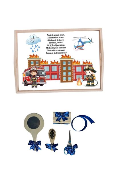 Botez Set tavita pentru taiere mot la baietei- pompier albastru, 6 piese