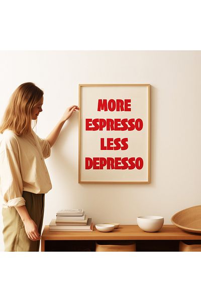 ARTHOUSECOLLECTIVE Περισσότερο Espresso Less Depresso – Κόκκινο - Αφίσα καφέ μοντέρνας τυπογραφίας - Αφίσα χωρίς πλαίσιο