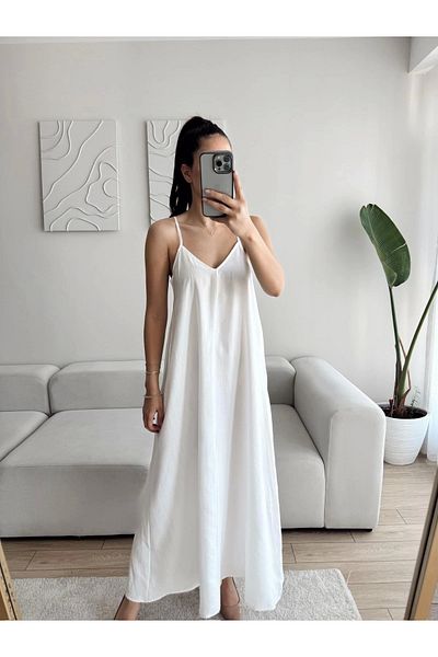 Zoom Butik V-neck strap long linen dress - white