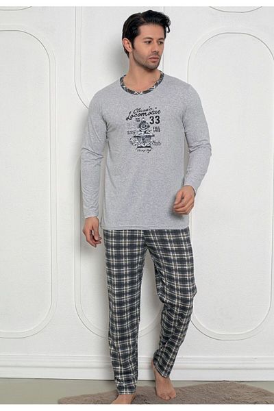 TOSKI Men's Pajama Gray with Locomotive Design - Long Sleeves and Long Pants