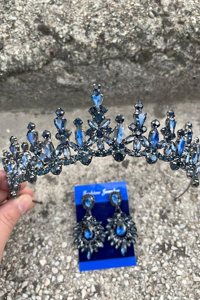 Hobigram Elvira Navy Blue Bridal Henna Crown Special Occasion Accessory Women's Crown and Wide Shuttle Earring Set