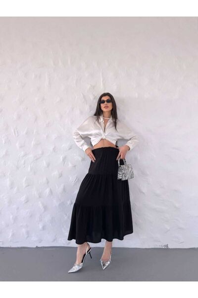 Hazinedan Fusta lungă de bază pentru femei, cu talie elastică, țesută în trei...