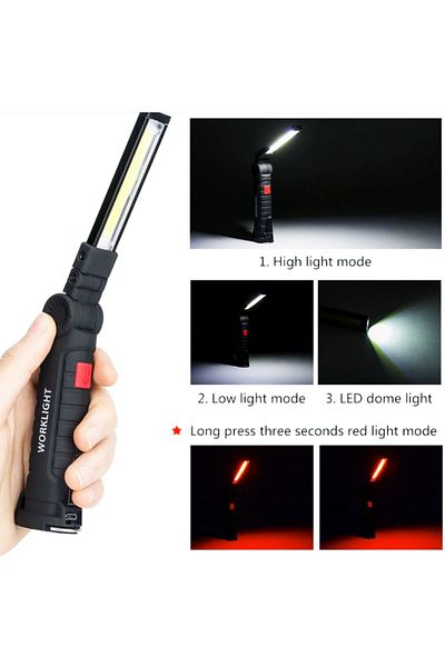 EMOŞ Work lamp for car mechanics, 3 lighting phases, magnetic holder, rechargeable battery