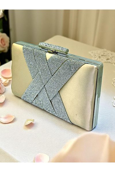 Biçanta Skin Nude Color Satin Silver Crystal Stone Handmade Special Production Women's Evening Dress Bag