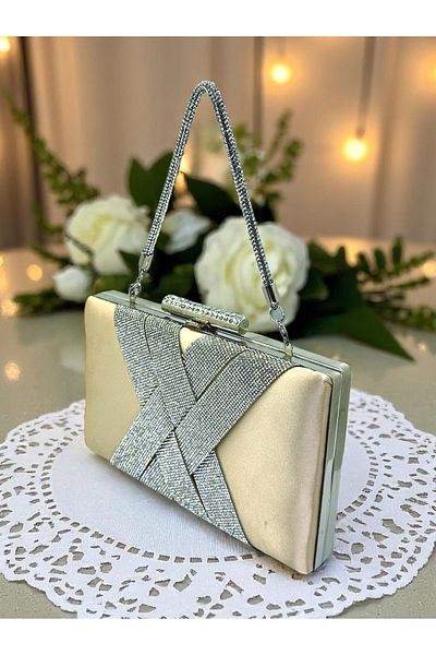 Biçanta Skin Nude Color Satin Silver Crystal Stone Handmade Special Production Women's Evening Dress Bag