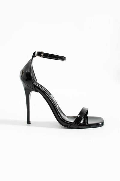 es exello Tokyo Thin Heeled Single Strap Black Patent Leather Shoes