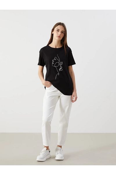 LC Waikiki Lcwaikiki Classic Black Crew Neck Printed Women's T-Shirt