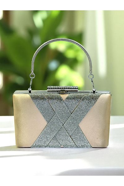 Biçanta Skin Nude Color Satin Silver Crystal Stone Handmade Special Production Women's Evening Dress Bag
