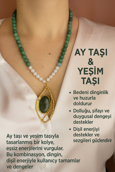 MODA Ay taşı & Yeşim Taşı Özel Tasarım Doğal Taş Kolye Nazara Karşı Etkili Dişil Enerji Kolyesi