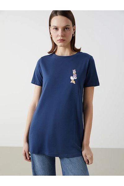 LC Waikiki Tricou pentru femei LCW Comfort Indigo Crew Neck Daisy Duck imprimat