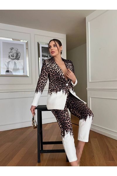 369 etnik butik Women's White Transitional Leopard Print Blazer Jacket and Pants Suit