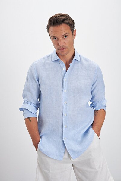 Paşahan Італійська комір смугастий Comfort Fit 100% льон чоловіча сорочка