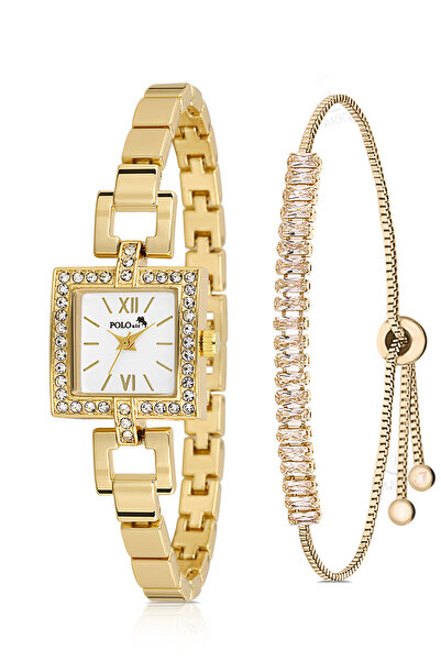 Polo Air Kare Kasa Kadın Kol Saati Zirkon Taşlı Baget Bileklik Kombin Gold Re...