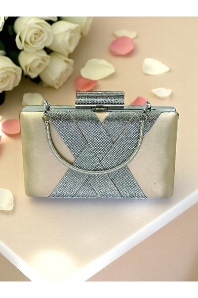 MidStore Skin Nude Color Satin Silver Crystal Stone Handmade Special Production Women's Evening Dress Bag