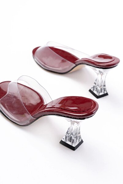 No8 Home Burgundy Patent Leather Transparent Banded Transparent Heeled Round Toe Women's Slippers