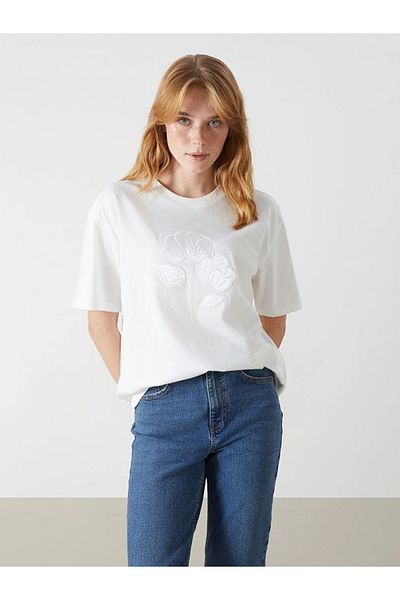 LC Waikiki Tricou de damă LCW Vision Ecru cu decolteu cu flori oversize