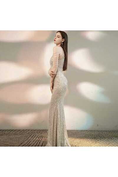 elissaa HALTER YAKA BONCUK DETAYLİ PUL PAYET ABİYE ELBİSE