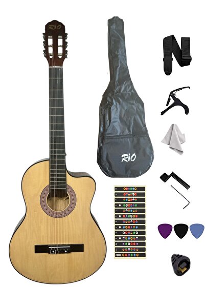 Rio Natural Klasik Gitar Kesik Kasa Sap Ayarlı 4/4 Tam Boy Kılıf-pena-askı-kapo-sticker-çevirici-CNAT