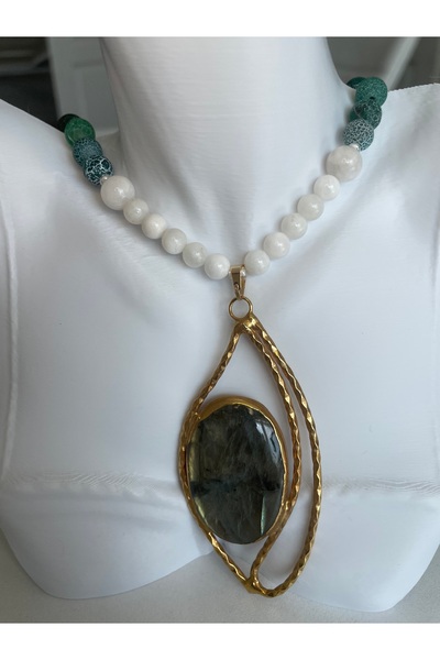 MODA Ay taşı & Yeşim Taşı Özel Tasarım Doğal Taş Kolye Nazara Karşı Etkili Dişil Enerji Kolyesi