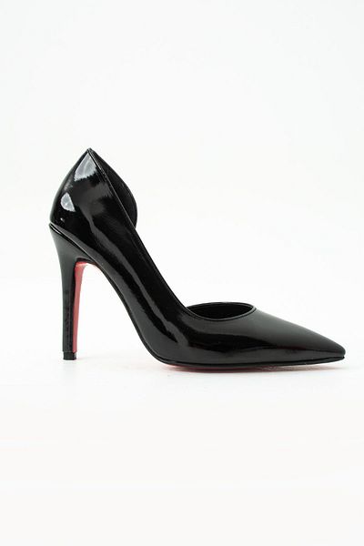 es exello Valera High Thin Heeled Low-Cut Black Patent Leather Stiletto