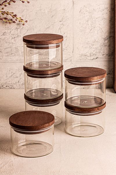 Snippy Doria 6-Piece Wooden Vacuum Lid Glass Breakfast Multi-Purpose Glass Snack Bowl 300 ml