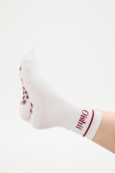 Oishii Yoga Soket Çorap Yarım Havlu Çemberli Bordo Desen Beyaz