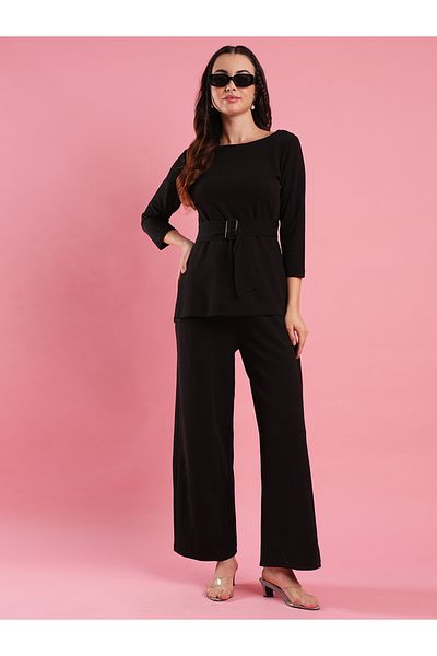 Globus Solid Boat Neck Belted Top and Flared Pants Co-Ords
