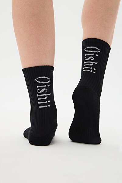 Oishii Sports Socket Socks Half Towel Vertical White Pattern Black
