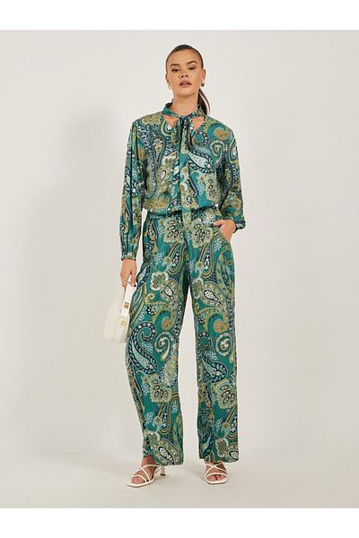 Styli Paisley Print Tie-Up Neck Top and Wide Leg Pants Co-Ords