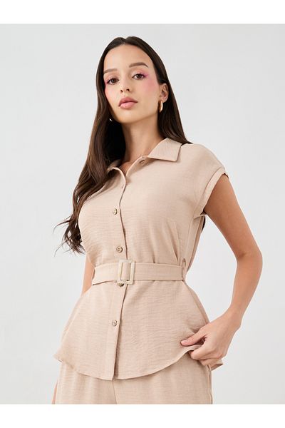 Styli Spread Collar Belted Top with Pants Co-Ords