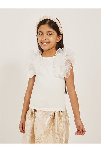 Styli Frill Mesh Sleeve Top and Jacquard Skirt Set