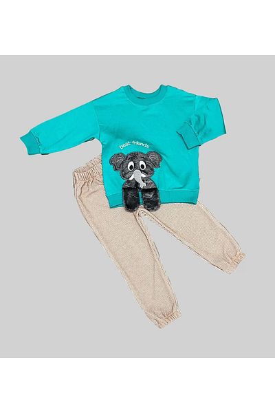 ALFA AKSESUAR 03 1-2-3 Years Elephant Rocking Foot Patterned Lycra Combed Fabric Sweat Pants Girls Boys 2-Piece Children's Set