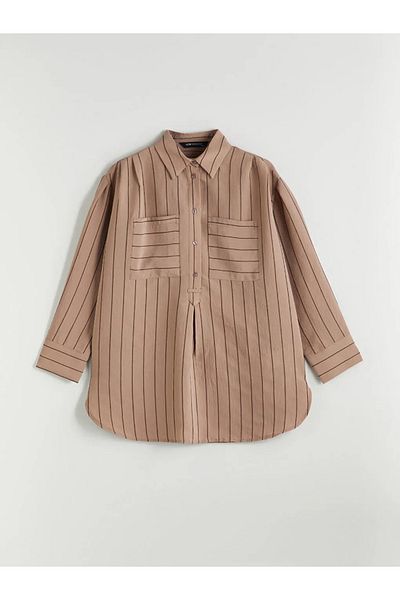 LC Waikiki Lcw Modest Brown Shirt Collar Striped Modal Blend Women's Tunic