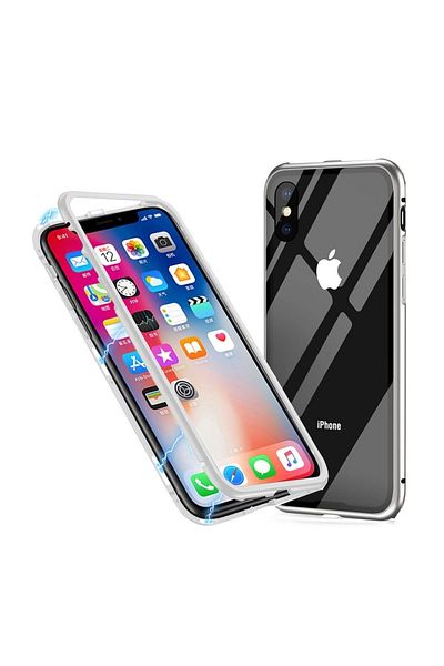 OEM Carcasă din aluminiu cu închidere magnetică și spate din sticlă securizată pentru iPhone X, argintie