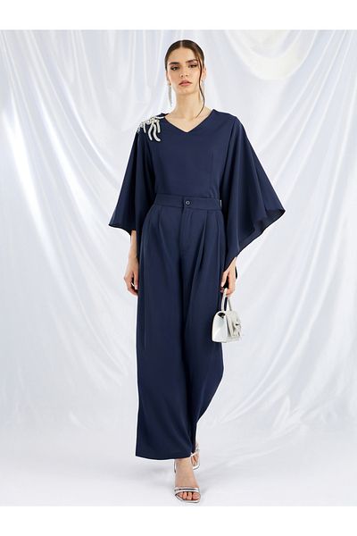 Styli Embellished V-Neck Top and Wide Leg Pants Co-Ords