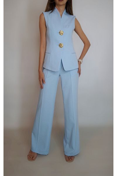 oyagüler Women's Blue Standing Collar Thick Buttoned Vest Pants Suit Yy101243