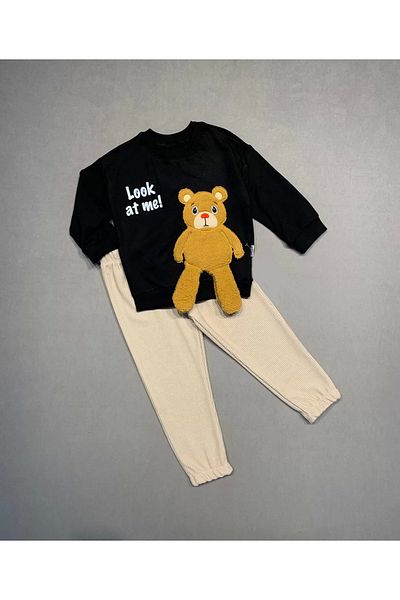 ALFA AKSESUAR 03 2-3-4 Years Old Teddy Bear Rocking Foot Patterned Lycra Combed Fabric Sweat Pants Girls Boys 2-Piece Children's Set