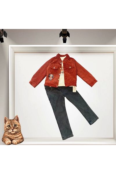 ALFA AKSESUAR 03 3-4-5 Years Old Corduroy Jacket with Jeans 3-Piece Girl Boy Set Tile