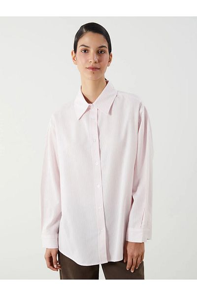LC Waikiki Lcw Modest Pink Striped Oversize Poplin Women's Shirt Tunic