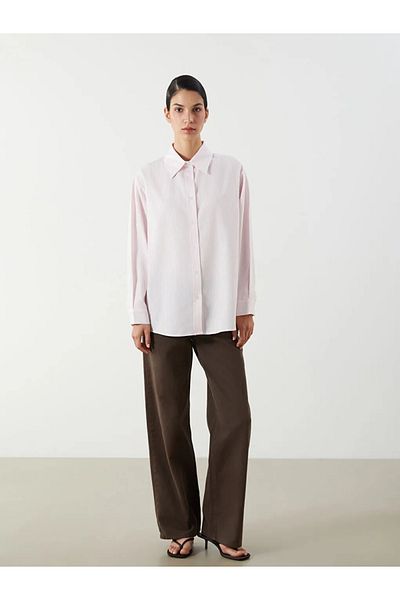 LC Waikiki Lcw Modest Pink Striped Oversize Poplin Women's Shirt Tunic