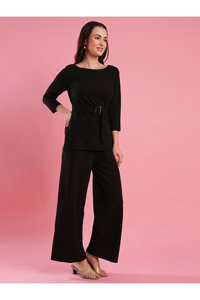 Globus Solid Boat Neck Belted Top and Flared Pants Co-Ords