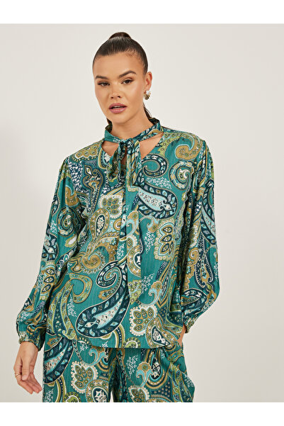 Styli Paisley Print Tie-Up Neck Top and Wide Leg Pants Co-Ords