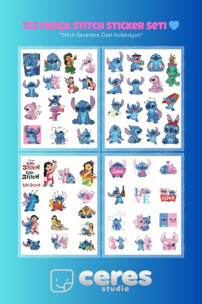 Ceres Studio Stitch Temalı 155 Parça Sticker Seti - Kawaii Karakter Etiketleri Defter Laptop Telefon İçin