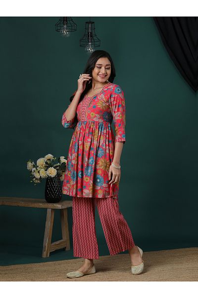 Globus Floral Printed Peplum Tunic and Chevron Print Trousers Co-Ords