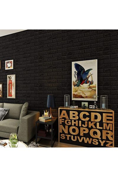 BLACK Tapet 3D negru, design modern de perete, realizat cu cărămidă în relief, autoadeziv, 77x70 cm